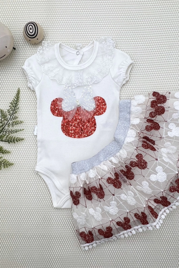 1-2-3 Yaş Payetli Mickey Nakışlı Kısa Kollu Brode Etekli 2li Kız Bebek Takımı Kırmızı