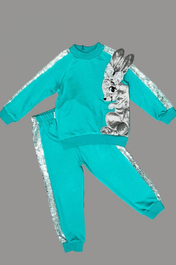 1-2-3 Yaş Payetli Pelüş Tavşan Desenli Likra Penye Kumaş Sweat Pantolonlu Kız 2li Çocuk Takımı Mint Yeşili