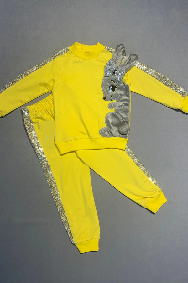1-2-3 Yaş Payetli Pelüş Tavşan Desenli Likra Penye Kumaş Sweat Pantolonlu Kız 2li Çocuk Takımı Sarı