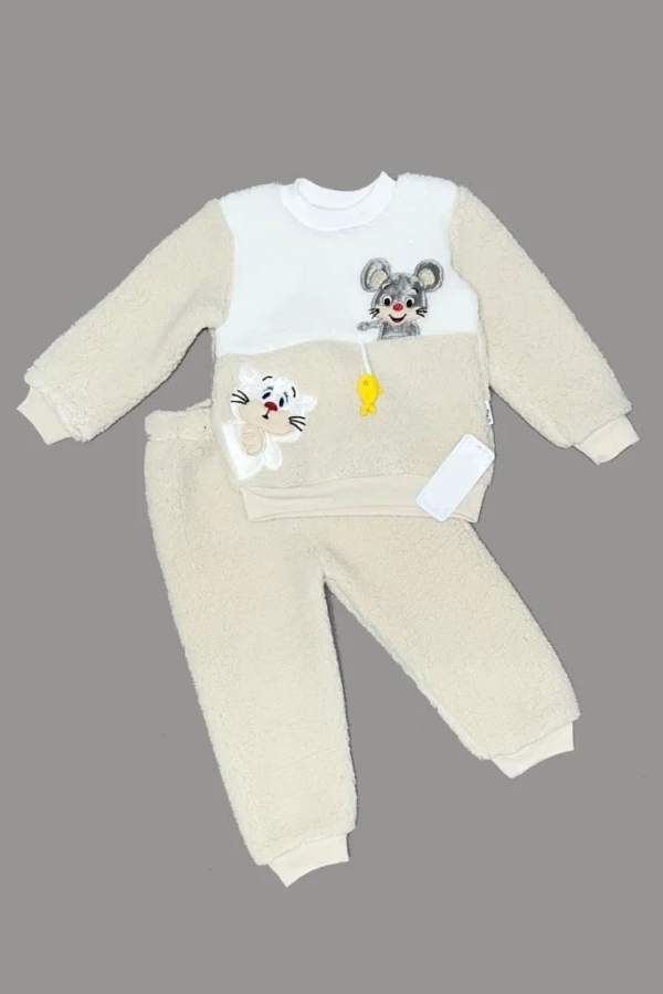 1-2-3 Yaş Sallanan Balık Nakışlı Kuzu Kumaş Sweat Pantolon Uzun Kollu Kız Erkek 2 Li Takımı