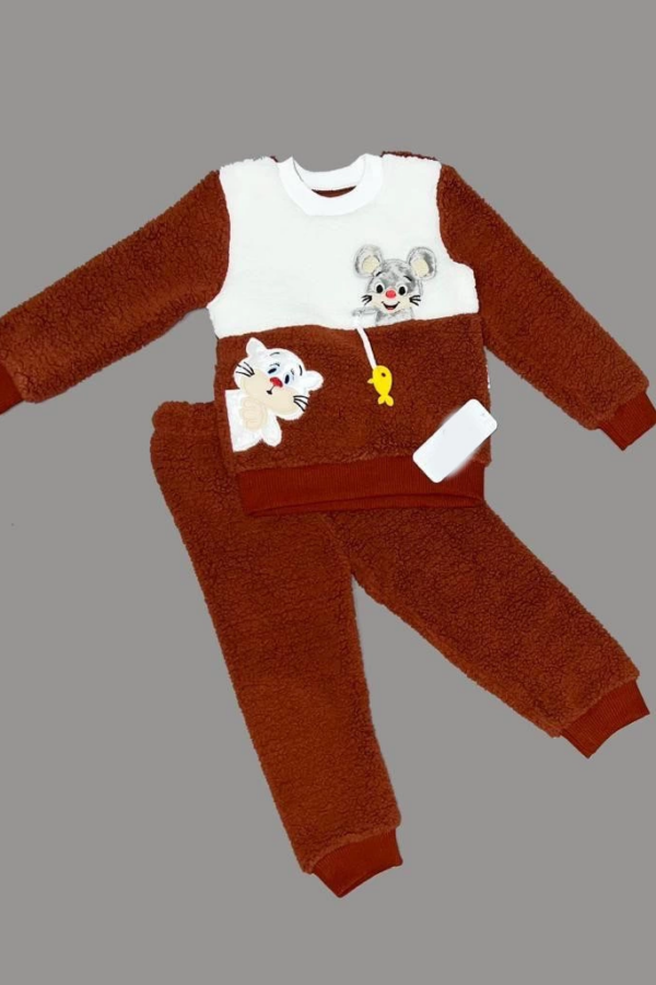 1-2-3 Yaş Sallanan Balık Nakışlı Kuzu Kumaş Sweat Pantolon Uzun Kollu Kız Erkek 2 Li Takımı Kahverengi