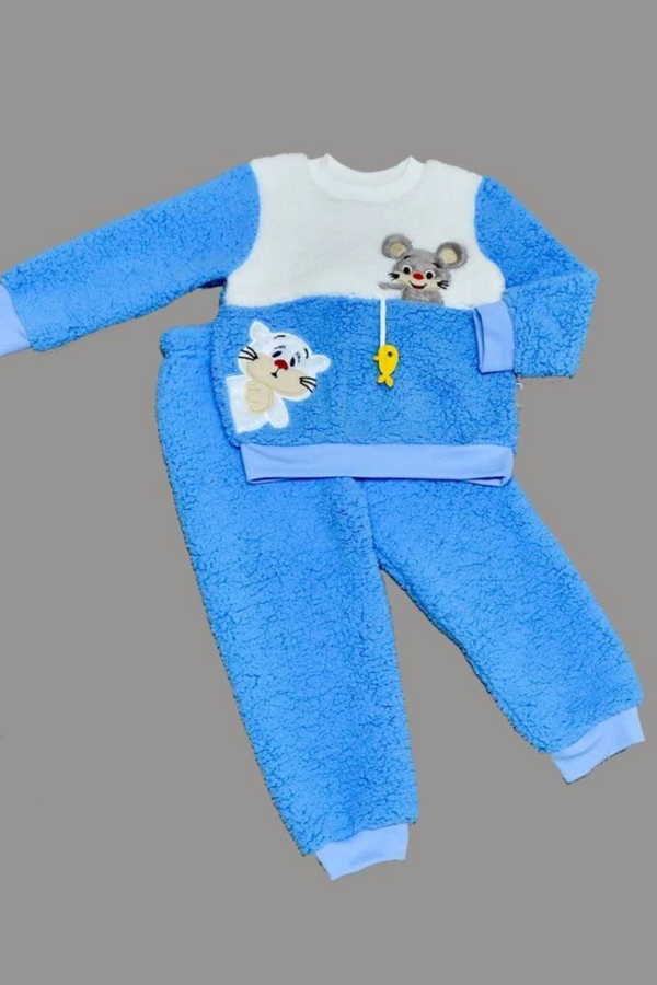 1-2-3 Yaş Sallanan Balık Nakışlı Kuzu Kumaş Sweat Pantolon Uzun Kollu Kız Erkek 2 Li Takımı Saks Mavisi
