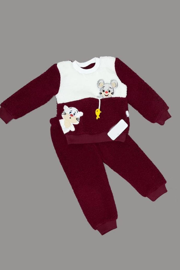 1-2-3 Yaş Sallanan Balık Nakışlı Kuzu Kumaş Sweat Pantolon Uzun Kollu Kız Erkek 2 Li Takımı Bordo