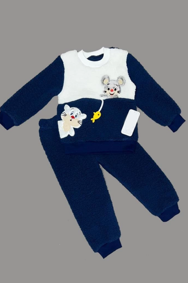 1-2-3 Yaş Sallanan Balık Nakışlı Kuzu Kumaş Sweat Pantolon Uzun Kollu Kız Erkek 2 Li Takımı Lacivert