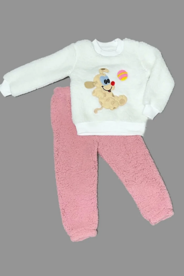 1-2-3 Yaş Toplu Köpek Nakışlı Kuzu Kumaş Sweat Pantolonlu Uzun Kollu Kız Erkek Bebek Takımı