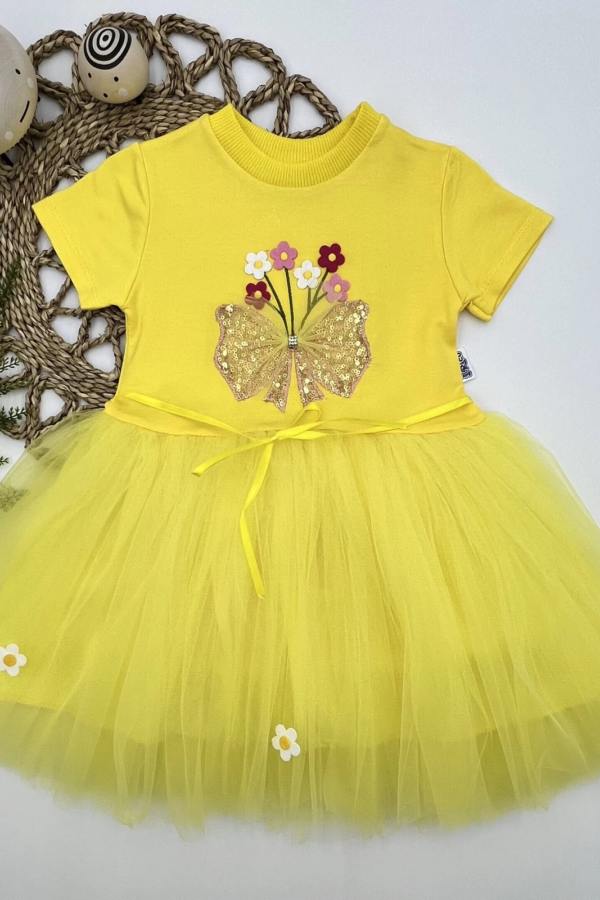 1-2-3 Yaş Tül Fiyonk Çiçekler Nakışlı Astarlı Kız Bebek Tütü Elbisesi Sarı