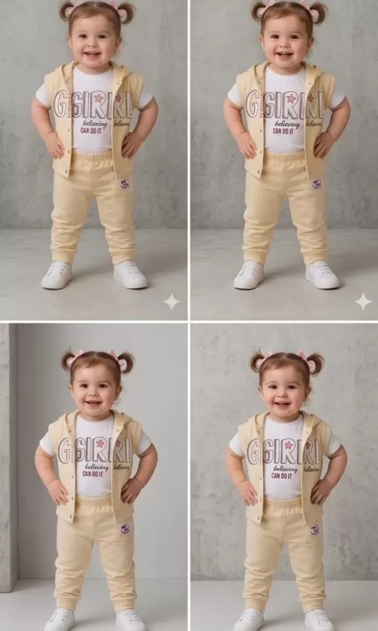 1/4 Yaş Girl Baskılı Yelekli 3lü Çocuk Takımı