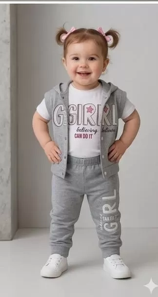 1/4 Yaş Girl Baskılı Yelekli 3lü Çocuk Takımı