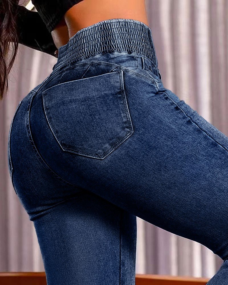 Kadın Yüksek Bel Yanları Lastik önü Düğmeli Kot Pantolon - Görsel 4