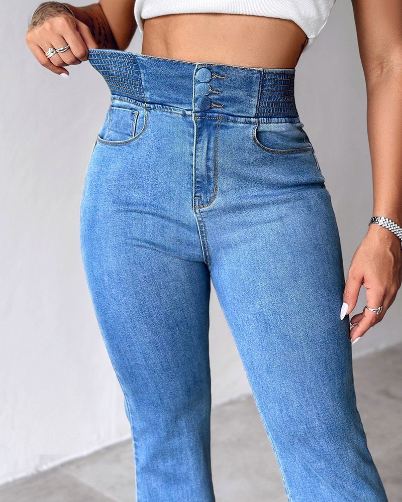 Kadın Yüksek Bel Yanları Lastik önü Düğmeli Kot Pantolon - Görsel 3