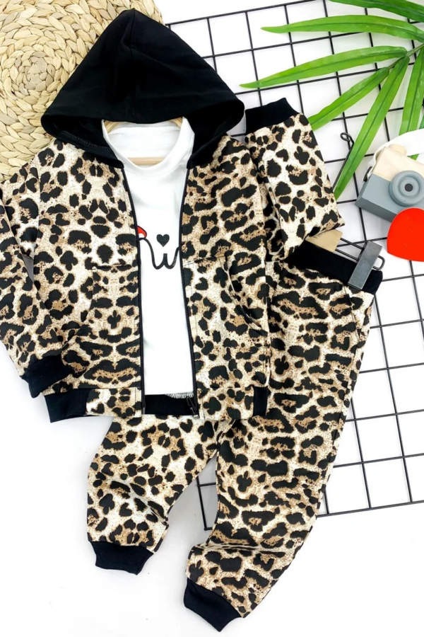 2-3-4-5 Yaş Kapşonlu Leopar Desenli Sweatli 3lü Kız Çocuk Takımı