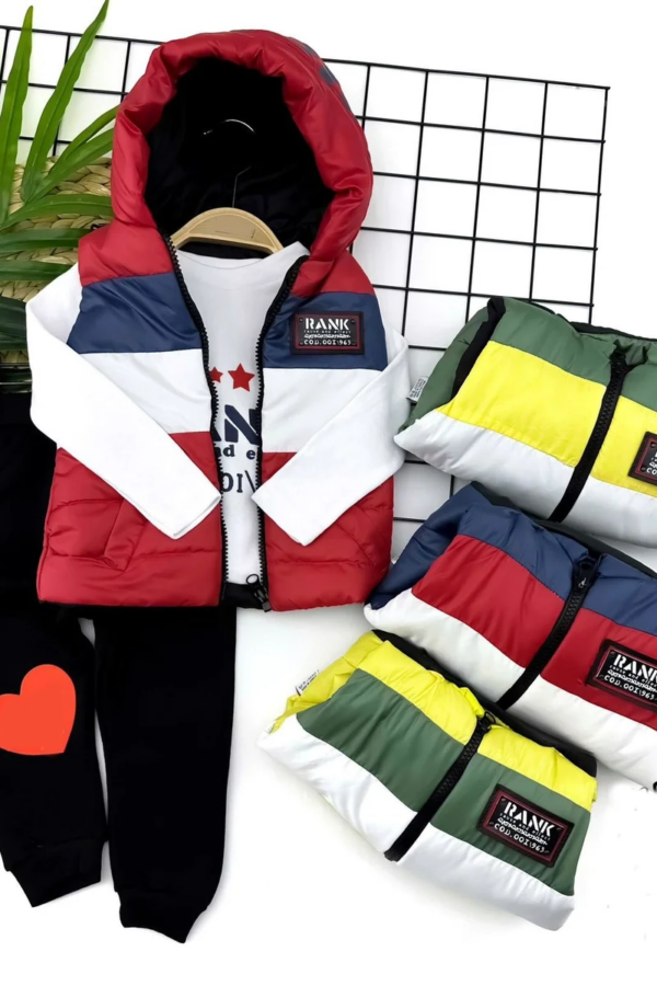 2-3-4-5 Yaş Kapşonlu Şişme Yelekli Uzun Kollu Sweatli Pantolonlu 3lü Erkek Bebek Takımı