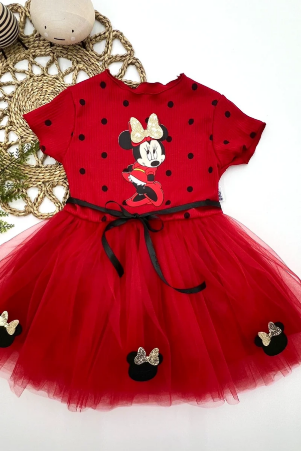 2-3-4 Yaş Puantiyeli Mickey Baskılı Kurdela Kuşaklı Astarlı Kız Bebek Tütü Elbisesi