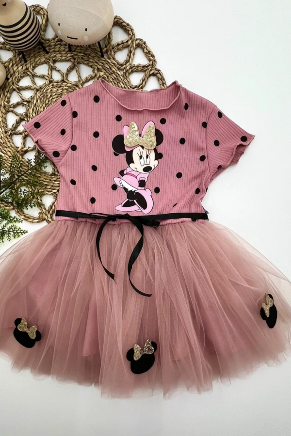 2-3-4 Yaş Puantiyeli Mickey Baskılı Kurdela Kuşaklı Astarlı Kız Bebek Tütü Elbisesi