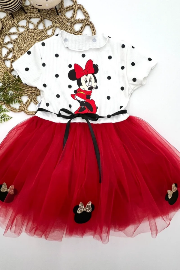 2-3-4 Yaş Puantiyeli Mickey Baskılı Kurdela Kuşaklı Astarlı Kız Bebek Tütü Elbisesi