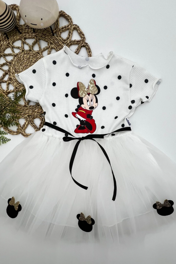 2-3-4 Yaş Puantiyeli Mickey Baskılı Kurdela Kuşaklı Astarlı Kız Bebek Tütü Elbisesi Beyaz