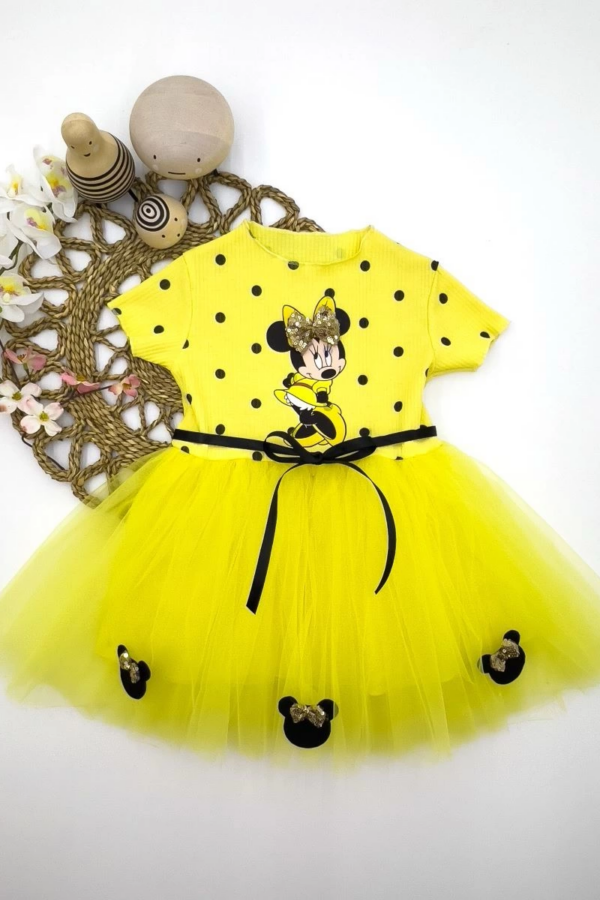 2-3-4 Yaş Puantiyeli Mickey Baskılı Kurdela Kuşaklı Astarlı Kız Bebek Tütü Elbisesi Sarı
