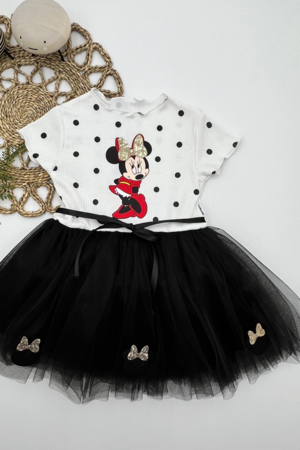 2-3-4 Yaş Puantiyeli Mickey Baskılı Kurdela Kuşaklı Astarlı Kız Bebek Tütü Elbisesi Siyah