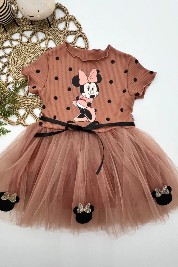 2-3-4 Yaş Puantiyeli Mickey Baskılı Kurdela Kuşaklı Astarlı Kız Bebek Tütü Elbisesi Kahverengi