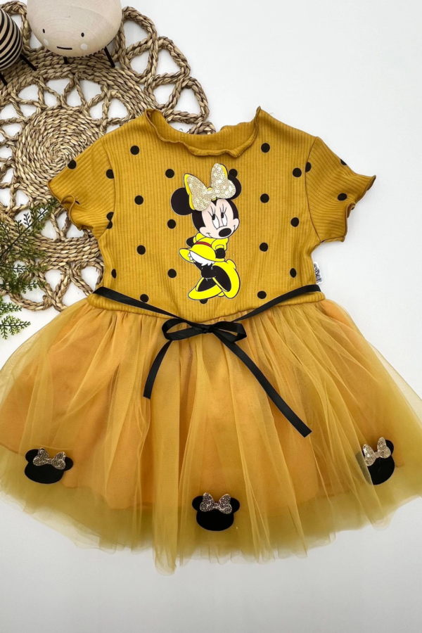 2-3-4 Yaş Puantiyeli Mickey Baskılı Kurdela Kuşaklı Astarlı Kız Bebek Tütü Elbisesi Hardal