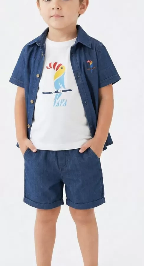 2/6 Yaş Denim Gömlek Şortlu 3lü Çocuk Takımı