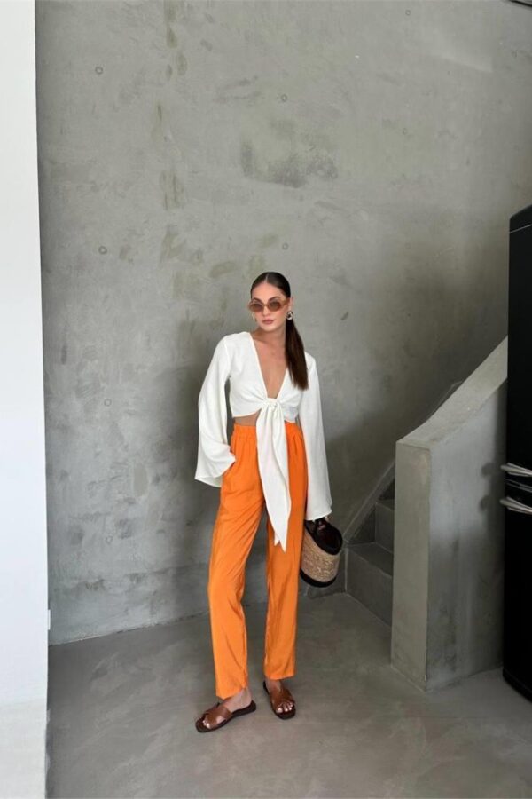 BEL LASTİK DETAYLI MODAL KUMAŞ PANTOLON - Orange