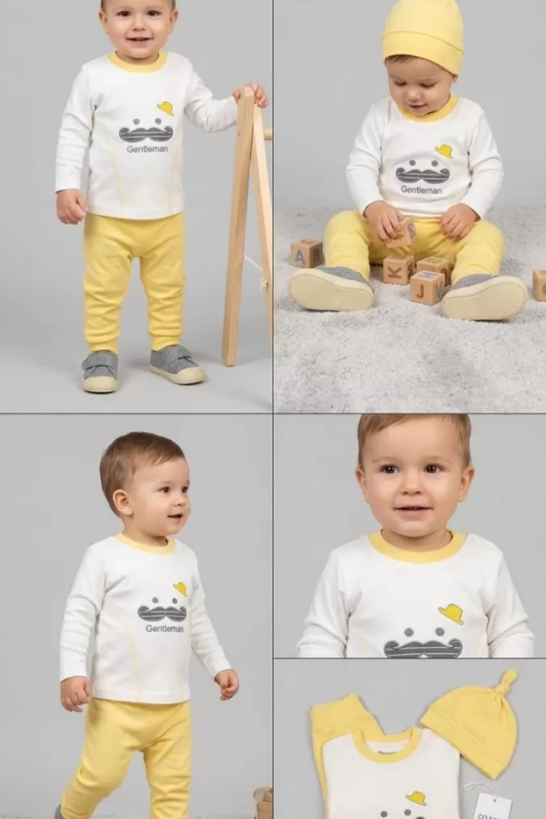 3/12 Ay Gentilmen Baskılı 3 Parça Bebek Takımı