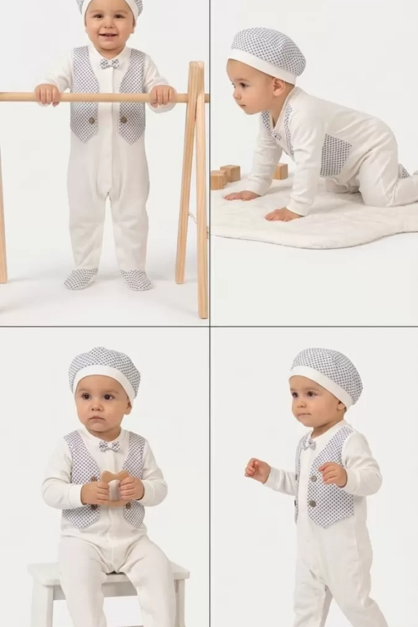 3/12 Ay Şapkalı Sahte Yelekli Bebek Tulumu