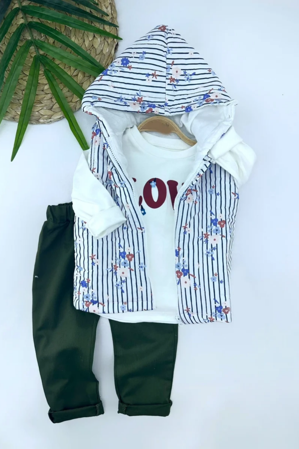 3-4-5-6 Yaş Kapşonlu Fermuarlı Çiçekli Şişme Yelek Sweat Pantolonlu 3lü Kız Erkek Çocuk Takımı