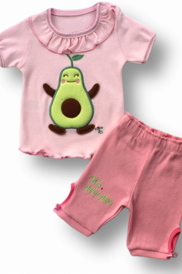 3-6 6-9 9-12 12-18 Ay Avokado Nakışlı Kısa Kollu Sweatli Şortlu 2li Kız-erkek Bebek Takımı Pembe