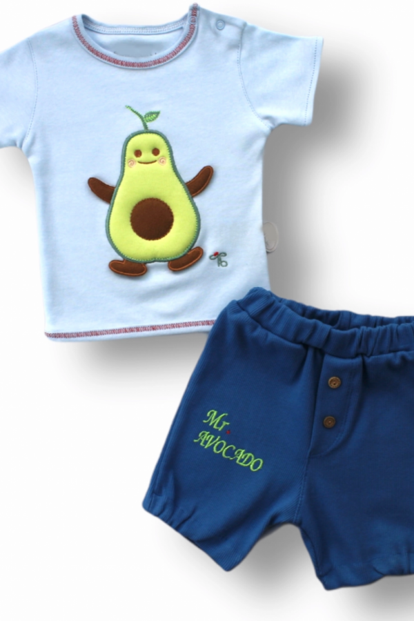 3-6 6-9 9-12 12-18 Ay Avokado Nakışlı Kısa Kollu Sweatli Şortlu 2li Kız-erkek Bebek Takımı Mavi