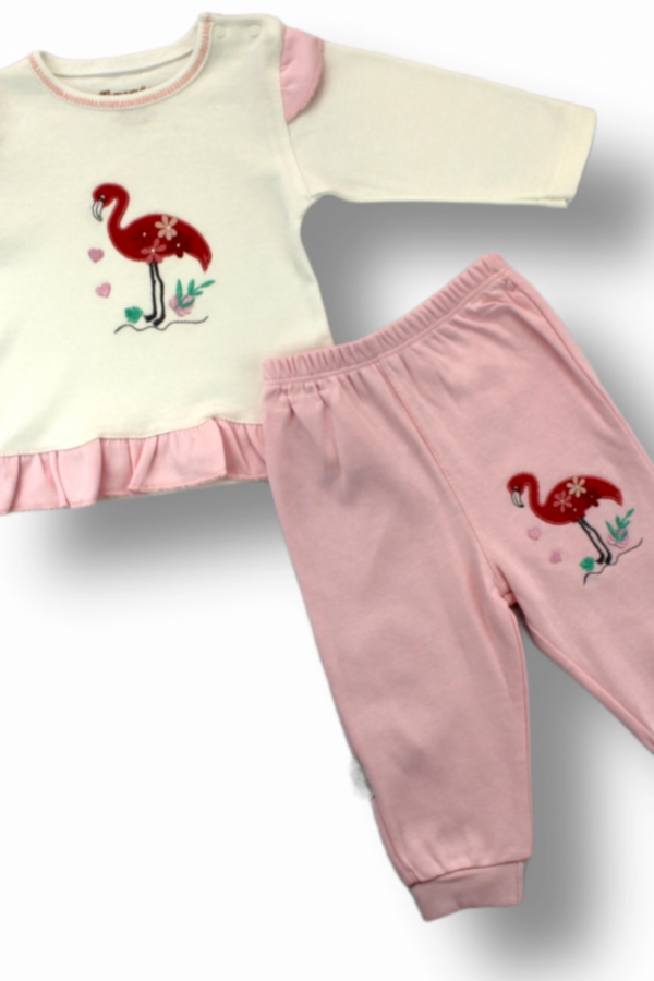 3-6 6-9 9-12 Ay Flamingo Nakışlı Uzun Kollu Sweatli 2li Kız Bebek Takımı Ekru