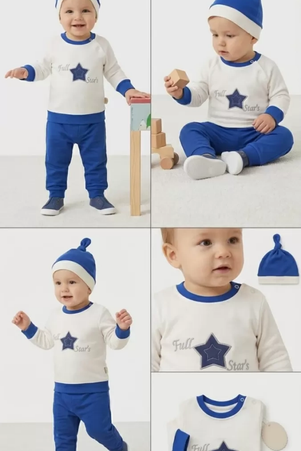 3-6 6-9 9-12 Ay Full Star Nakışlı Şapkalı Uzun Kollu Sweat 3lü Erkek Bebek Takımı