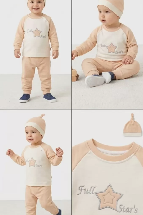 3-6 6-9 9-12 Ay Full Star Nakışlı Şapkalı Uzun Kollu Sweat 3lü Erkek Bebek Takımı