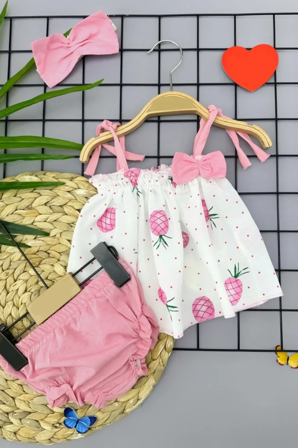 3-6-9-12 Ay Bandajlı Ve Kilotlu Ananas Desenli Askılı 3lü Kız Bebek Elbisesi