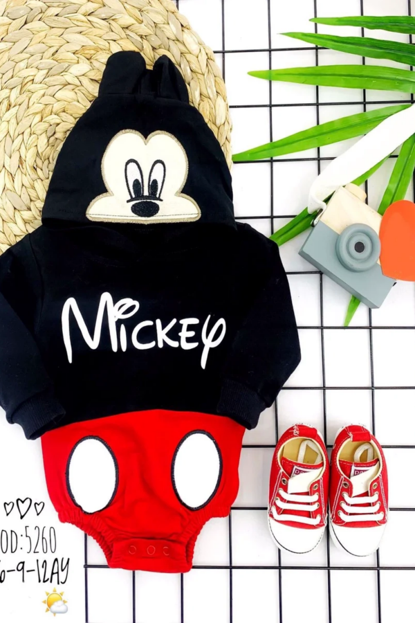 3-6-9-12 Ay Kapşonlu Mickey Desenli Uzun Kollu Kız Erkek Bebek Bady &zıbın