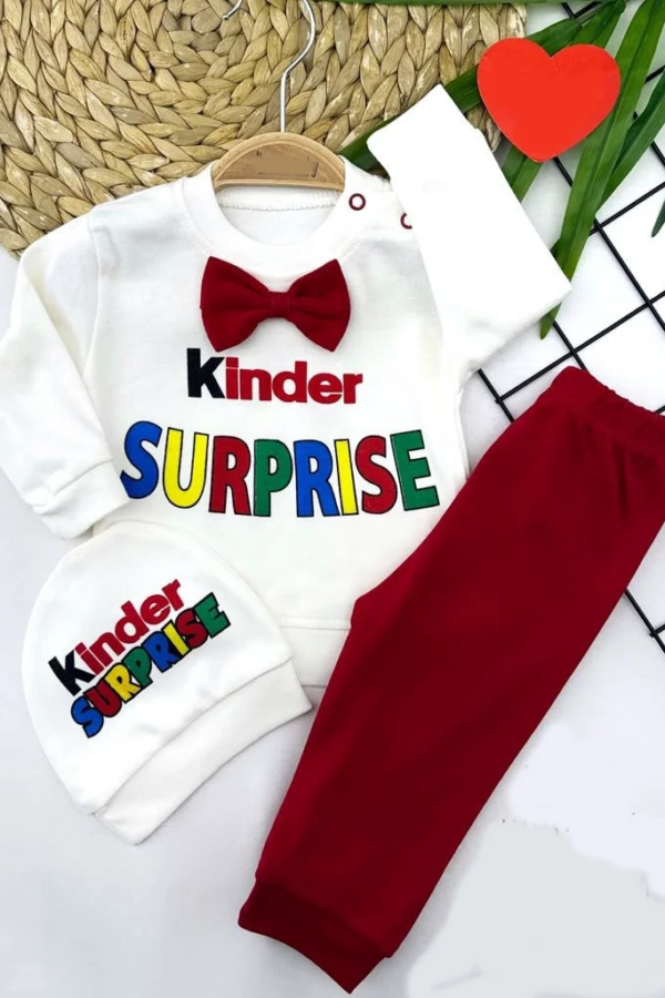 3-6-9-12 Ay Kinder Sürprise Baskılı Papyon Ve Şapkalı 3lü Kız Erkek Bebek Takımı