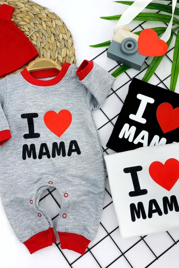 3-6-9-12 Ay Kulaklı Şapka I Love Mama Baskılı Kız Erkek Bebek Tulum