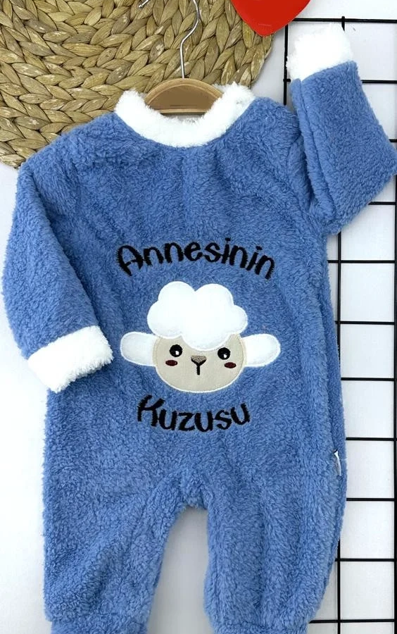3-6-9-12 Ay Kuzu Tüylü Kumaş Annesinin Kuzusu Nakışlı Alttan Çıtçıtlı Kız Erkek Bebek Tulumu