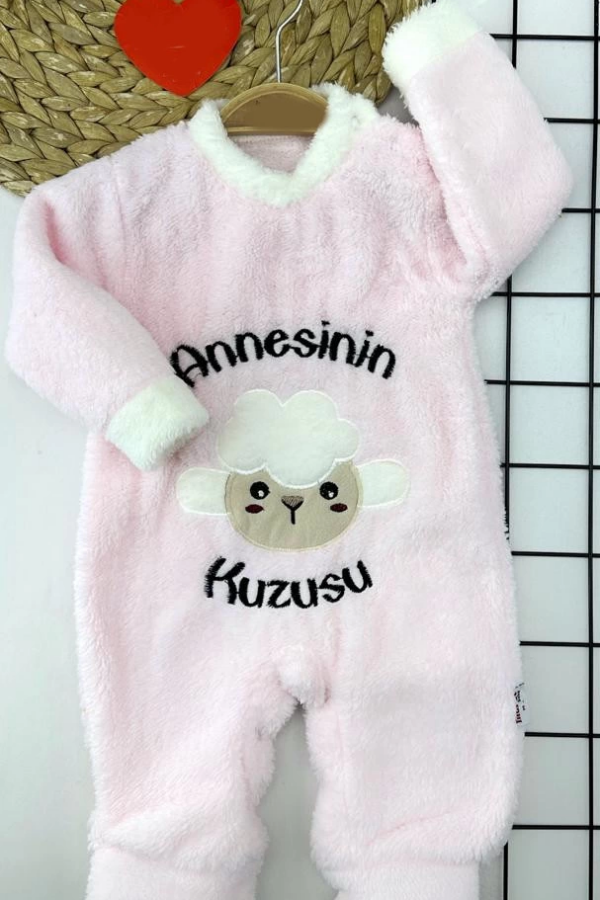 3-6-9-12 Ay Kuzu Tüylü Kumaş Annesinin Kuzusu Nakışlı Alttan Çıtçıtlı Kız Erkek Bebek Tulumu Pembe