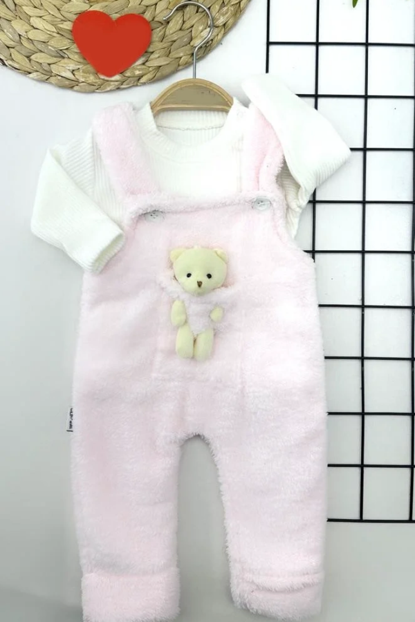 3-6-9-12 Ay Kuzu Tüylü Kumaş Ayıcıklı Önden Cepli İçi Sweatli 2li Kız Erkek Bebek Salopet