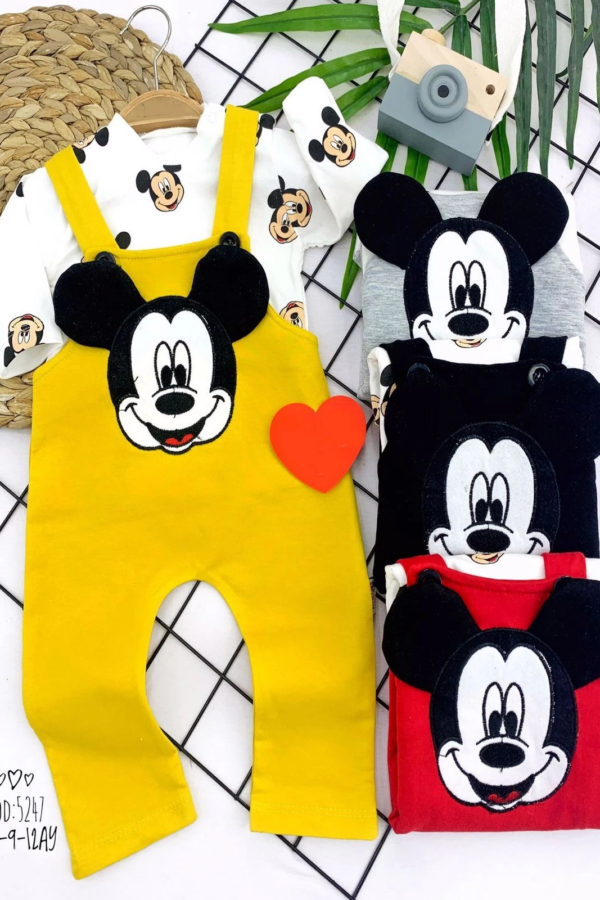 3-6-9-12 Ay Mickey Figürlü Uzun Kollu Baskılı Sweatli 2li Kız Erkek Bebek Salopet Takımı Sarı