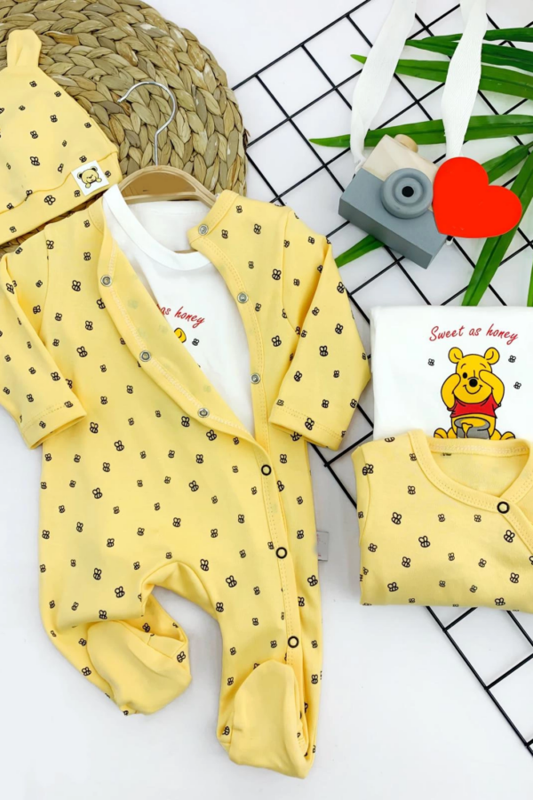 3-6-9-12 Ay Pooh Desenli Şapkalı Sweatli 3lü Kız Erkek Bebek Tulum Sarı