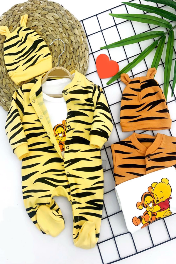 3-6-9-12 Ay Pooh Desenli Zebra Çizgili Şapkalı Sweatli 3lü Kız Erkek Bebek Tulumu(sarı) Sarı