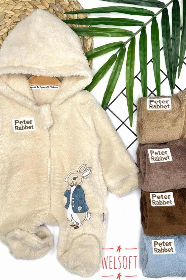 3-6-9-12 Ay Rabbit Tavşan Nakışlı Fermuar Kapamalı Patikli Tüylü Erkek Bebek Tulumu Kahverengi