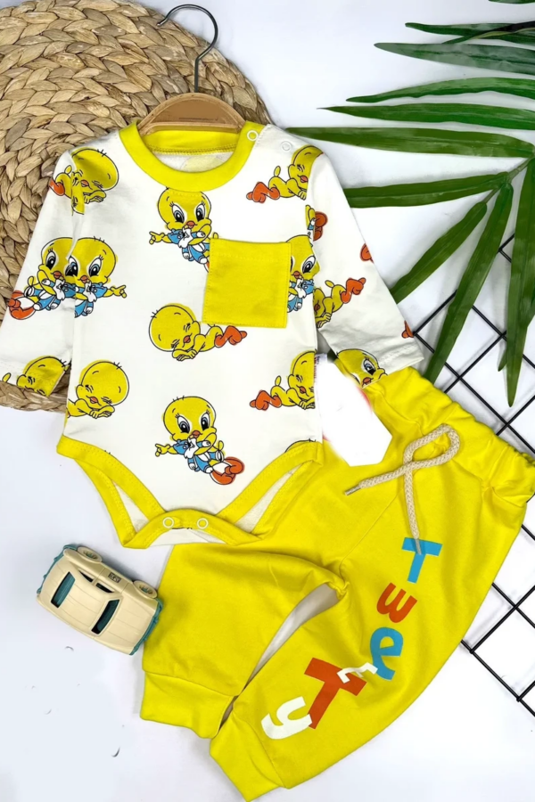 3-6-9-12 Ay Tweety Baskılı Yaka Çıtçıtlı Uzun Kollu Zıbınlı 2li Kız Erkek Bebek Takımı