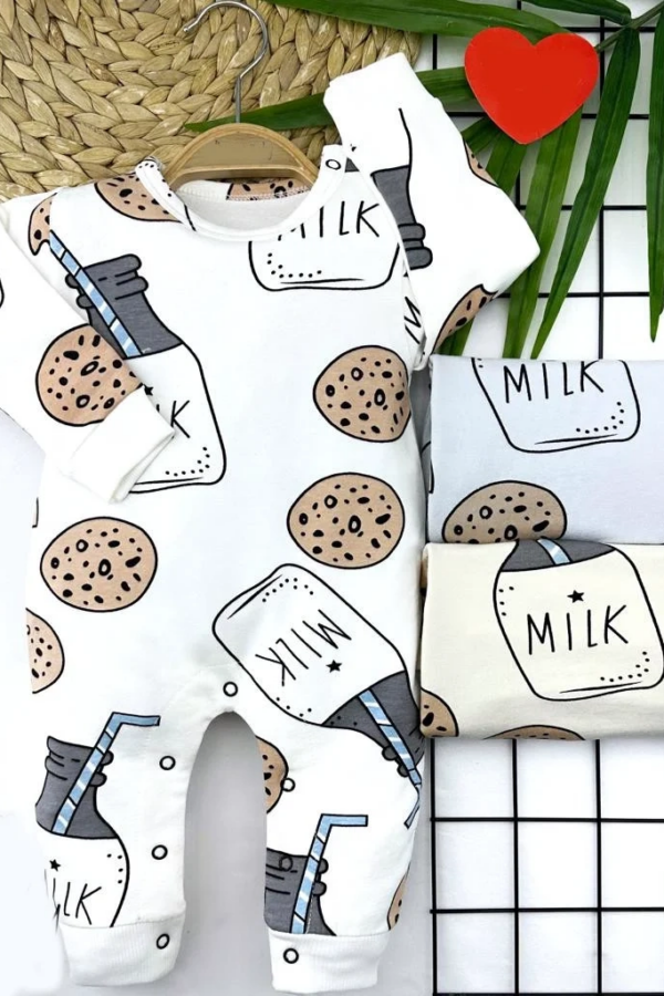 3-6-9-12 Ay Yaka Çıtçıtlı Milk Baskılı Uzun Kollu Kız Erkek Bebek Tulumu