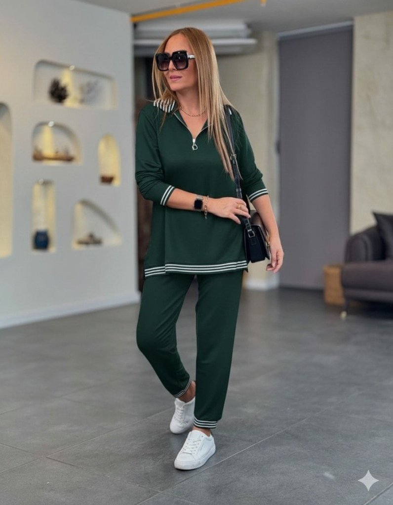 Kadın Uzun Kollu Fermuarlı şerit Detay Desenli Alt üst Ikili Viskon Iki Iplik Takım - Görsel 2