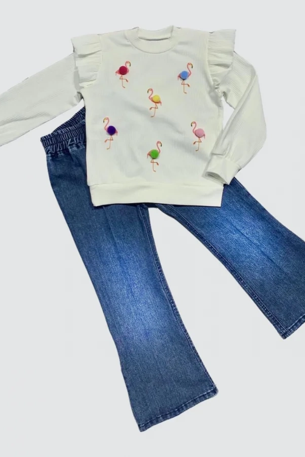 4-5-6 Yaş Kot Pantolonlu Flamingo Desenli Penye Sweat Uzun Kollu 2li Kız Çocuk Takımı