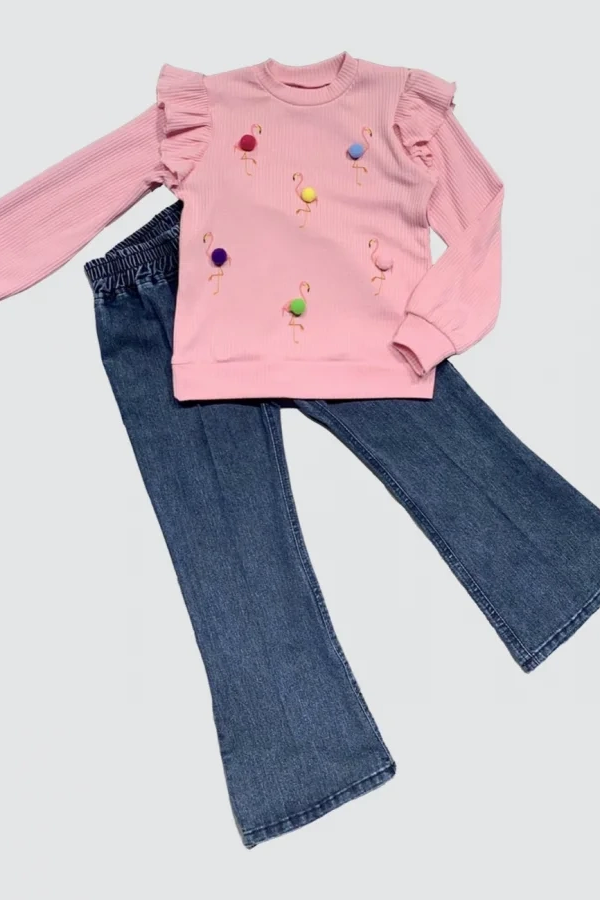 4-5-6 Yaş Kot Pantolonlu Flamingo Desenli Penye Sweat Uzun Kollu 2li Kız Çocuk Takımı